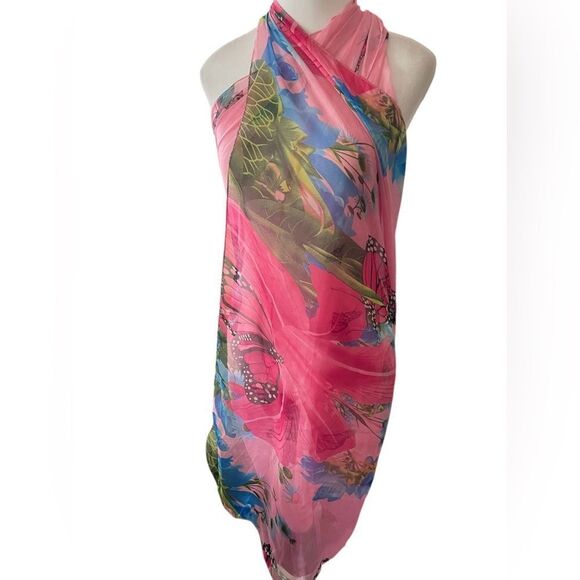 BEAUTIFUL SHEER PINK OVERSIZED SCARF WITH BUTTERFLIES - Picture 1 of 5